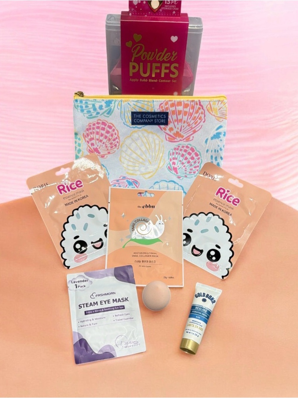 The Cosmetics Company Store Seashell Pouch 13pc Powder Puff & Mask Set NEW